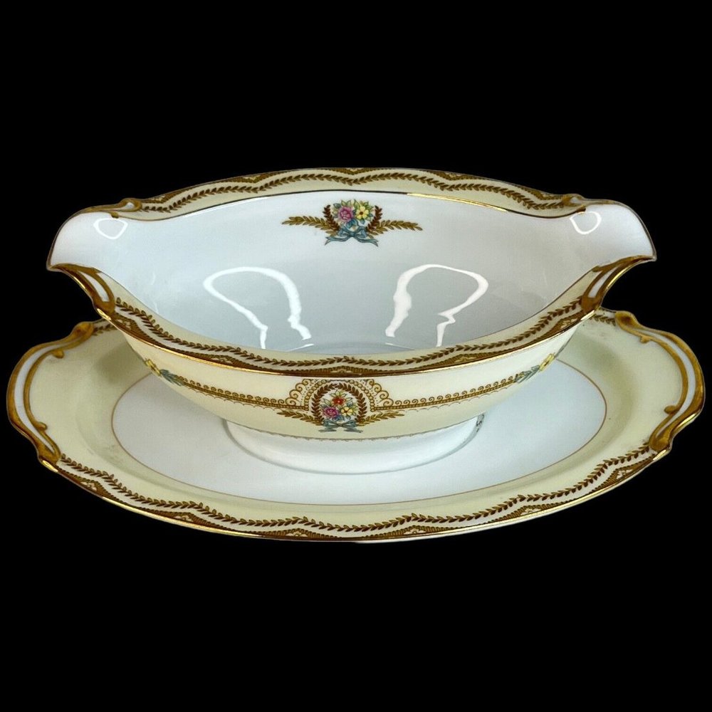 Vintage Noritake China Serena Gravy‎ Boat With Attached Underplate Dish Floral